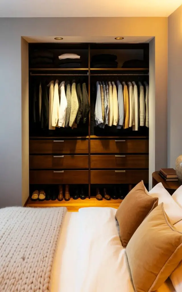 An open closet stands against a pale gray wall, featuring multiple wooden shelves, two parallel metal hanging rods, and three wide drawers with brushed silver handles. Neatly folded sweaters and shirts in neutral tones like cream, beige, and light gray are stacked on the shelves, while leather loafers and suede boots are arranged in rows along the floor. In front of the closet, a king-sized bed is covered with crisp white linen sheets layered with a chunky knit throw blanket in a soft heathered gray, and three plush pillows in varying shades of ivory and tan. Soft natural light streams through sheer white curtains, illuminating the hardwood floor and a small wooden nightstand with a stack of books and a ceramic lamp on its surface.