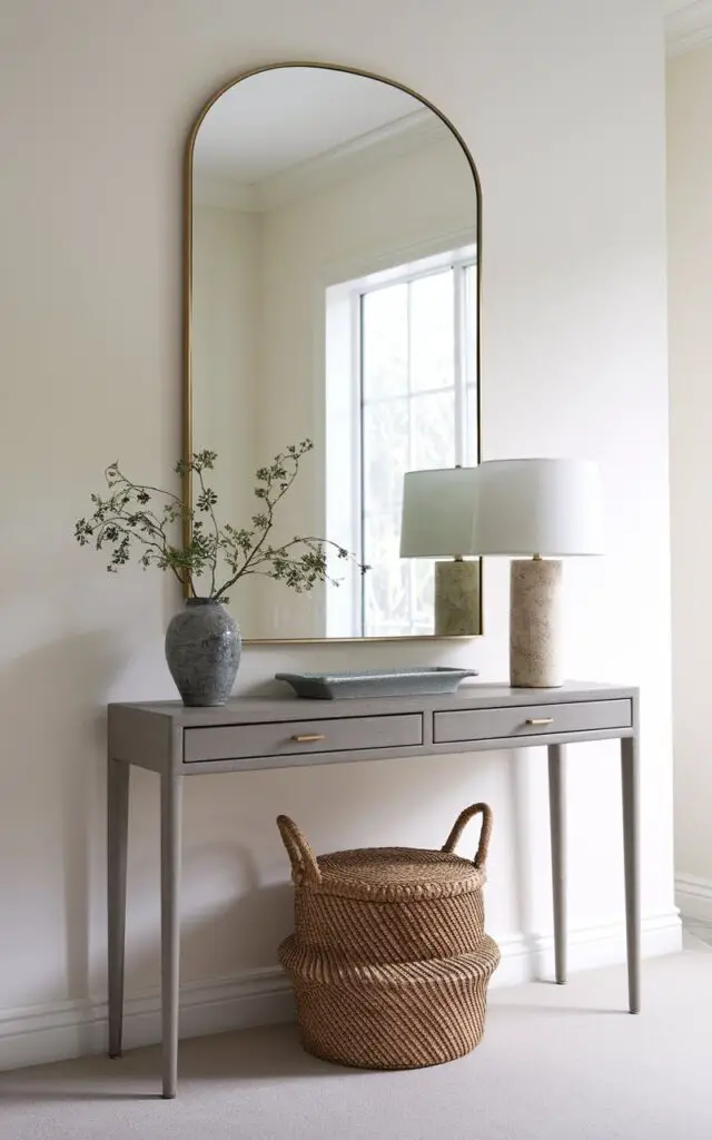 A photo of a refined scene with a very well decorated entryway. There's a slim console table with discreet drawers in the center. The table's surface is styled with a ceramic tray, a small lamp, and a large mirror above. The mirror reflects soft daylight, amplifying the space. The silhouettes are clean, the tones are neutral, and the styling is uncluttered, contributing to a minimalist feel that blends everyday practicality with quiet sophistication.
