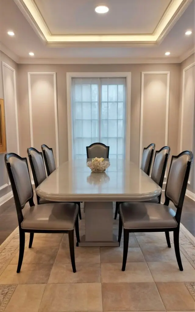 A rectangular dining table with a smooth, light gray surface sits centered within a room, surrounded by six matching dining chairs with dark gray upholstered seats and slender black metal legs. Recessed lighting fixtures are integrated into the ceiling perimeter, casting a soft glow upwards onto the smooth, white ceiling and highlighting the table's surface. The room features pale gray walls with subtle vertical paneling and a wide, dark gray hardwood floor. A large, rectangular window with sheer white curtains is visible in the background, allowing diffused natural light to filter into the room.