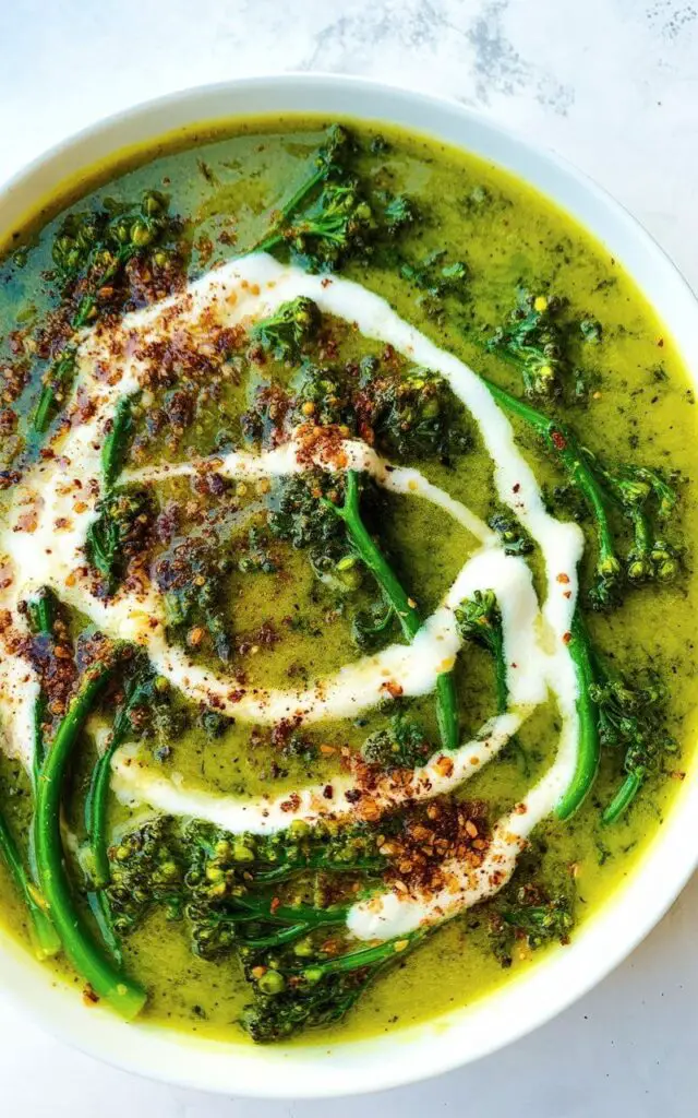 A shallow, white soup plate holds a smooth broccolini soup with a pale green hue achieved by blending the finely chopped vegetable base. A thin, even drizzle of heavy cream creates a marbled pattern across the soup's surface, speckled with coarsely cracked black peppercorns. The plate sits on a bright, plain white kitchen countertop with subtle variations in texture and slight imperfections visible. Soft, diffused natural light illuminates the soup, highlighting its creamy consistency and casting gentle reflections off its surface.