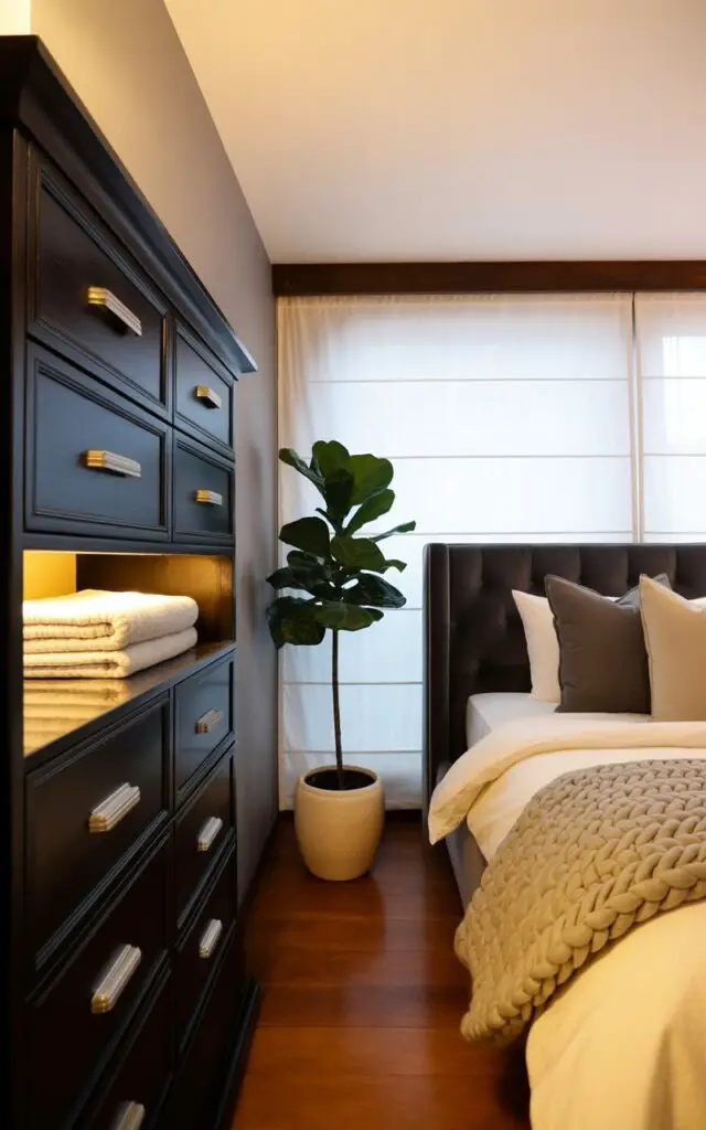 A dark wood dresser with six deep drawers stands against a pale gray wall, featuring brushed silver drawer pulls. The dresser's surface displays a folded linen blanket in a soft ivory color, partially covering a stack of neatly rolled towels. A king-sized bed with a dark gray upholstered headboard is positioned to the right of the dresser, layered with a cream-colored duvet, a chunky knit throw in light beige, and several decorative pillows in shades of gray and white. Large windows with sheer white curtains allow diffused natural light to fill the room, illuminating a potted fiddle-leaf fig tree in a ceramic pot placed in the corner.
