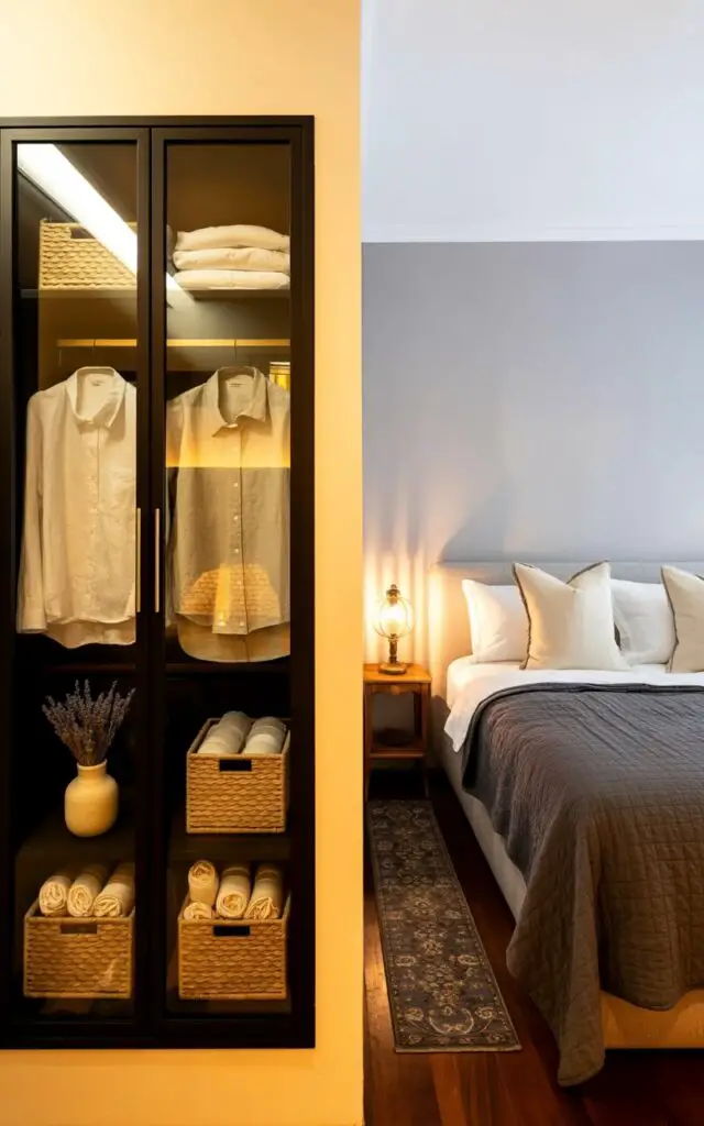 A display cabinet with glass doors and partially open shelves stands against a pale gray wall in a well-decorated bedroom. Inside the cabinet, neatly folded linen shirts and trousers are stacked alongside woven baskets filled with rolled socks and a small ceramic vase containing dried lavender sprigs. A king-sized bed with a dark gray quilted duvet cover, two cream-colored linen pillows, and a textured throw blanket sits in the background, positioned adjacent to the cabinet. Soft light streams through sheer white curtains, illuminating a patterned area rug on the hardwood floor and a small wooden nightstand with a vintage lamp.