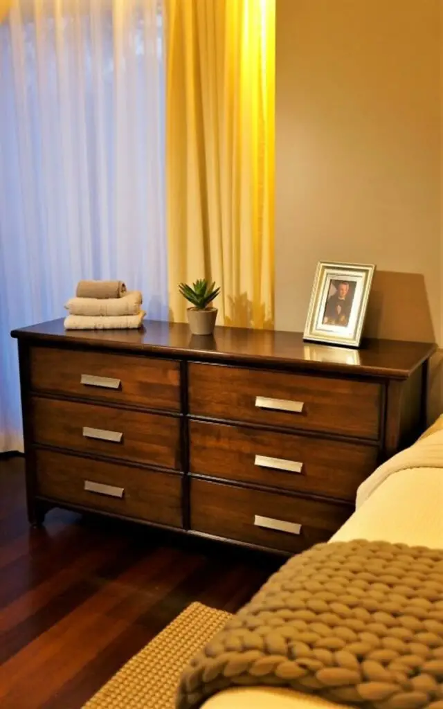 A large wooden dresser with six drawers and a flat top sits against a light gray wall. The dresser drawers are constructed from dark walnut wood with brushed metal drawer pulls, and the top surface displays a small potted succulent, a stack of neatly folded linen towels, and a silver-framed photograph. A queen-sized bed with a woven linen duvet cover, two standard pillows, and a chunky knit throw blanket rests to the right of the dresser. Soft natural light streams in through a sheer white curtain partially covering a large window, illuminating the hardwood floor and a small woven rug placed beside the bed.