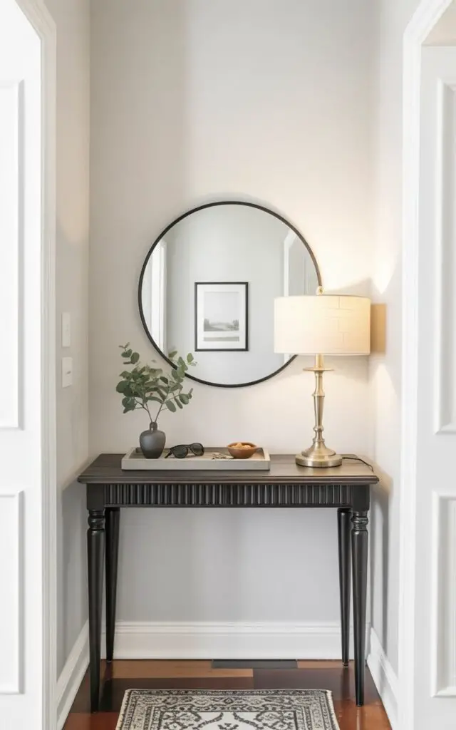 A dark wood console table with tapered legs stands against a pale gray wall in an entryway. A rectangular stone tray on the table's surface holds a set of silver keys, a pair of black sunglasses, and a small ceramic dish containing loose change. A circular mirror with a thin black frame hangs above the table, reflecting the light from a brass table lamp with a cream-colored linen shade positioned on the right side. A framed print depicting a simple landscape scene hangs on the wall to the left of the mirror, while a patterned wool rug lies on the polished hardwood floor beneath the console table.