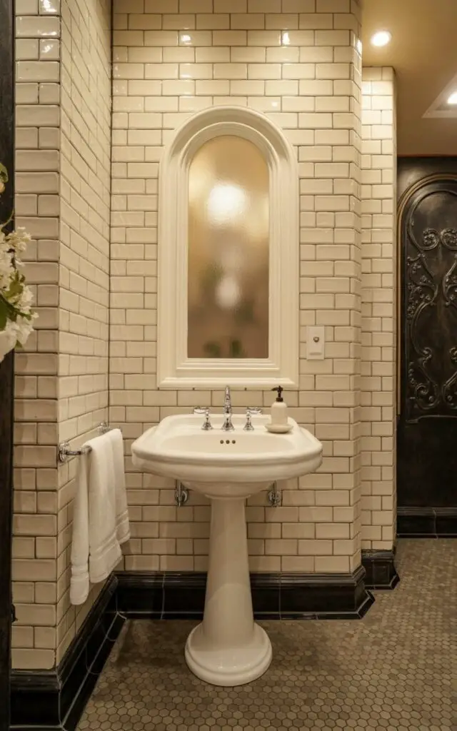 The bathroom features a classic pedestal sink with a chrome gooseneck faucet and a porcelain soap dish. Crisp white subway tiles cover the walls from floor to ceiling, punctuated by a tall, frosted window that allows diffused daylight to enter the room. The floor is covered in small, hexagonal tiles in a muted stone gray, extending to meet the tiled walls. A simple chrome towel bar is mounted on the wall beside the sink, holding neatly folded white towels.