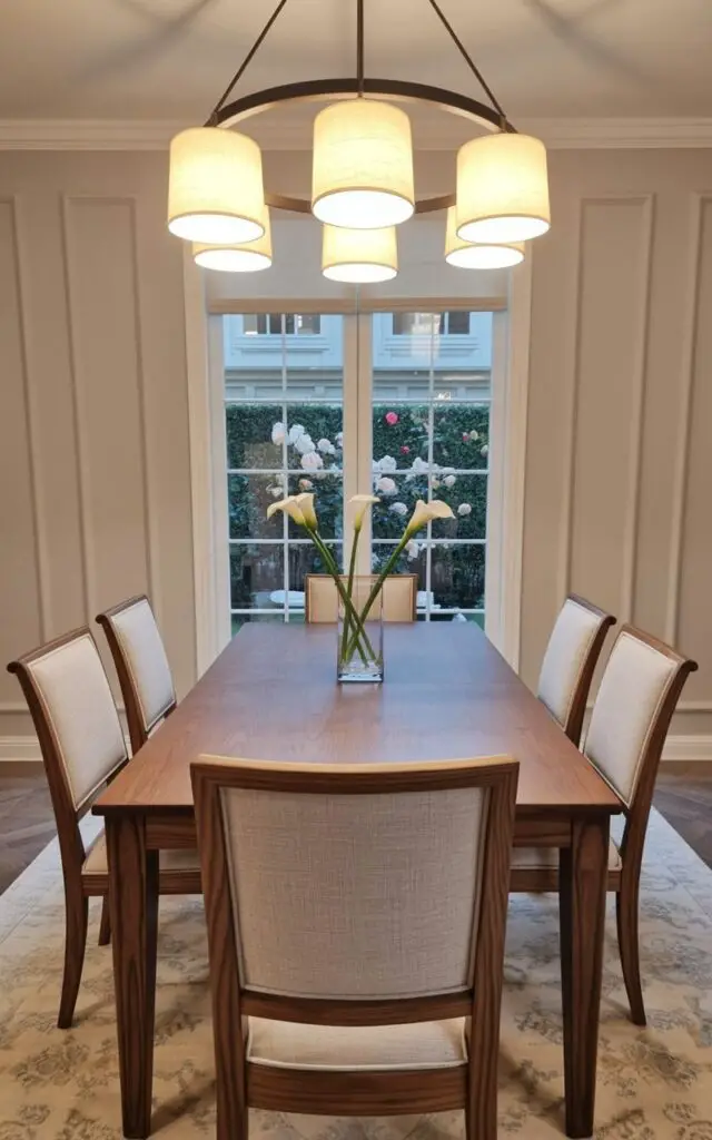 A circular dining room light fixture with three cream-colored fabric shades hangs directly above a rectangular dining table. The table is crafted from dark walnut wood and features a simple, clean design with four matching chairs upholstered in light gray linen fabric. A vase containing three white calla lilies sits at the center of the table, positioned slightly off-center. The room has light gray walls with subtle vertical paneling, and a large window reveals a garden with neatly trimmed hedges and blossoming rose bushes beyond.