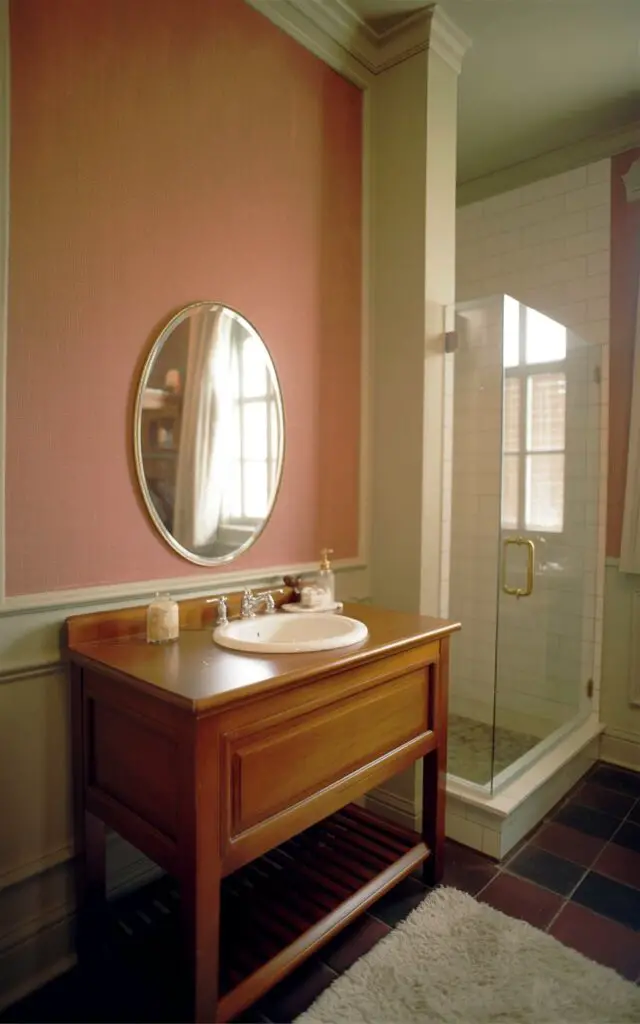 A solid wood vanity with clean, straight lines and a matte finish stands against a wall painted in a soft, warm gray with a subtle linen texture. A white porcelain sink with a single chrome faucet is set into the vanity countertop, and an oval mirror with a thin brass frame hangs centered above it, reflecting the room's interior. Simple white molding runs along the walls, and a glass shower cube with a brushed brass handle is situated in the corner, revealing glimpses of white ceramic tiles within. Soft, diffused light streams through a nearby window, illuminating the polished wood grain of the vanity and highlighting the subtle texture of the wall paint, while a plush white bath mat rests on the tile floor.