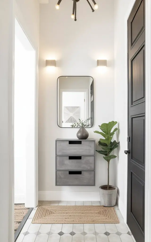 A wall-mounted entryway features three rectangular drawers with smooth, handle-less fronts finished in a light gray matte material. Above the drawers, a rectangular mirror with a thin black frame reflects the space, and two recessed wall lights with brushed nickel finishes provide soft illumination. The entryway floor is covered in large format porcelain tiles with a subtle linear pattern, and a woven jute rug lies centered beneath the drawers. A single potted fiddle leaf fig tree with broad green leaves sits in a concrete planter near the doorway, adding a touch of organic texture to the clean, geometric space.