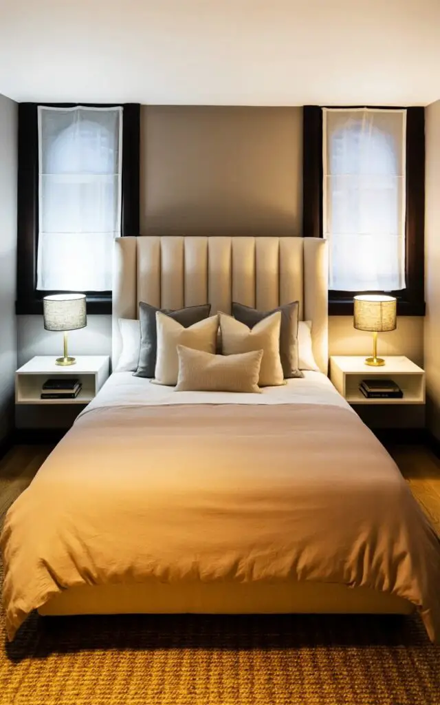 A king-sized bed with a tall upholstered headboard sits centered in a bedroom with neutral gray walls and a light oak wood floor. Two floating nightstands, made of white lacquered wood, are mounted on either side of the bed, each holding a small brass table lamp with a linen shade and a stack of three hardcover books. A plush duvet cover in a soft beige color drapes the bed, layered with several pillows in varying shades of cream and gray. Large windows with sheer white curtains allow diffused natural light to fill the room, and a woven wool rug lies beneath the bed, anchoring the space.