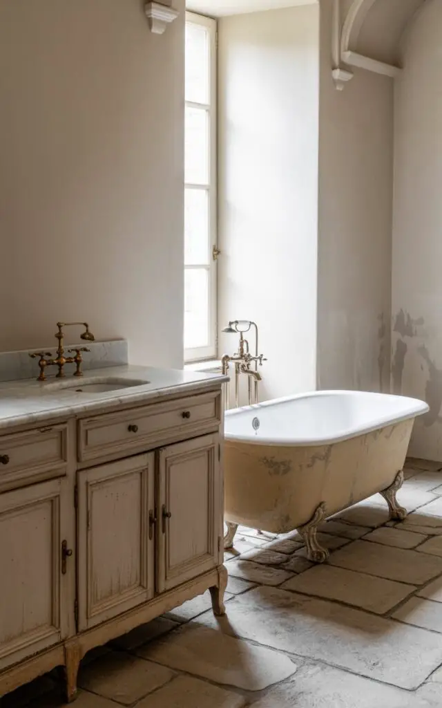 A photograph of an elegant old money bathroom inspired by a French countryside château, featuring weathered limestone floors and a vintage clawfoot bathtub with graceful curved legs. The vanity showcases beautifully patinated wood with subtle wear marks and a creamy Carrara marble countertop, while warm ivory and soft taupe walls create an understated backdrop. Aged brass fixtures including an ornate faucet with cross handles gleam softly throughout the space, complemented by gentle natural light streaming through tall windows that casts delicate shadows across the stone flooring. The minimalist design exudes inherited elegance and aristocratic refinement, with every element appearing thoughtfully curated over generations rather than newly purchased.