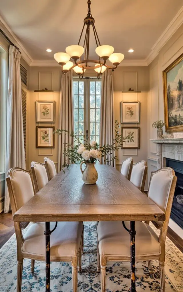 A long, rectangular dining table crafted from weathered oak wood sits centered within the room, supported by iron legs with a subtle rust patina. Six chairs upholstered in linen fabric with a faded floral pattern are arranged around the table, each featuring a curved backrest and slightly worn wooden frames. A chandelier with antique brass fixtures and frosted glass shades hangs above the table, casting soft light on a centerpiece consisting of a ceramic pitcher filled with white roses and sprigs of olive branches. Sunlight streams through tall windows with linen curtains, illuminating pale cream-colored walls adorned with framed botanical prints and a vintage French landscape painting hanging above a fireplace with a marble mantel.