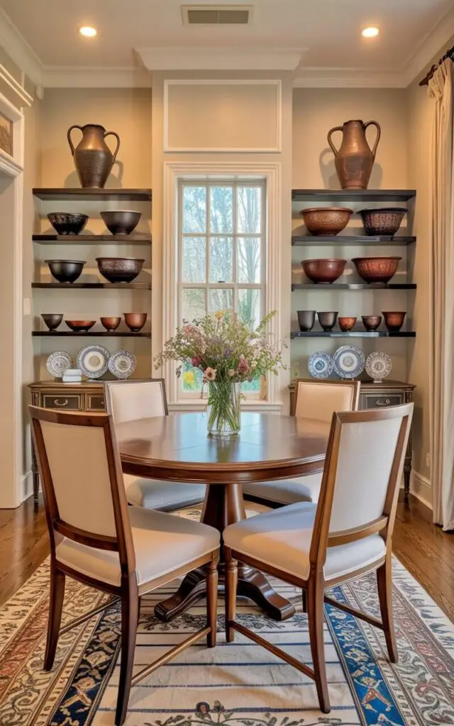A round wooden dining table with six chairs surrounds it, each chair upholstered in a cream-colored linen fabric. Ceramic pitchers in varying sizes and shapes are displayed on open wooden shelves along one wall, alongside a collection of earthenware bowls with textured surfaces. A nearby antique sideboard holds additional bowls and decorative plates, arranged with a deliberate sense of order. Sunlight streams through a window, illuminating the room and highlighting the grain of the wooden floor, with a vase of fresh wildflowers placed on a small table near the window.