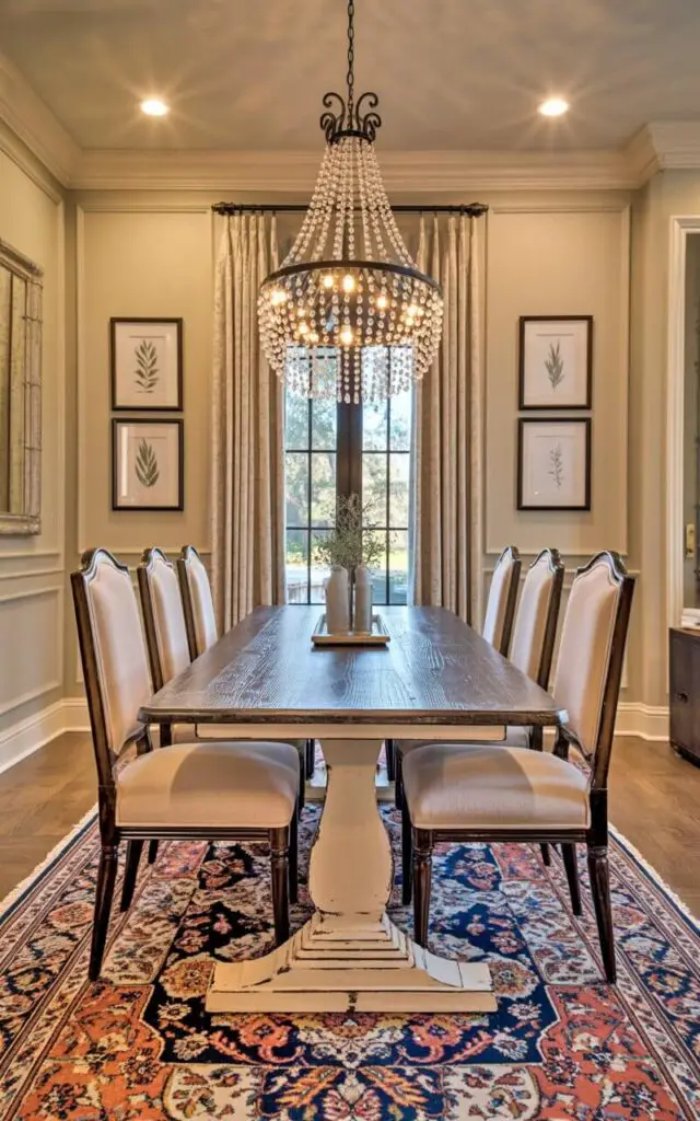 A wrought iron chandelier with cascading crystal beads hangs from the center of the room. Six upholstered dining chairs with linen cushions surround a rectangular wooden table with a distressed finish, showcasing the wood grain. The walls are painted a soft cream color and adorned with simple, framed botanical prints. A patterned Persian rug lies on the hardwood floor, grounding the scene, and a tall window with sheer curtains allows natural light to filter into the room.