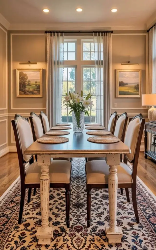 A rectangular dining table with a distressed wood grain finish sits centered within the room, surrounded by six upholstered chairs featuring beige linen fabric and dark brown wooden legs. A woven placemat lies on each chair, while a crystal vase containing white lilies sits in the table’s center. Natural light streams through large windows covered with sheer white curtains, illuminating a patterned Persian rug covering the hardwood floor. Cream-colored wainscoting lines the lower portion of the walls, above which hang framed landscape paintings depicting rolling hills and distant trees.