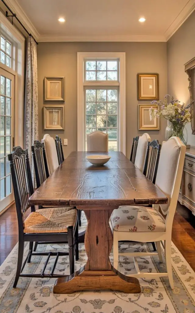 A solid wood farmhouse table with a naturally aged finish sits centered within the dining room, displaying visible grain patterns and subtle imperfections from years of use. Eight mismatched chairs surround the table; some are upholstered in linen fabric with floral patterns, while others feature woven rush seats and carved wooden backs. A softly textured rug in muted cream and gray tones lies beneath the table and chairs, anchoring the arrangement and adding warmth to the space. Gentle daylight streams through large windows, illuminating neutral-colored walls adorned with simple wooden frames, while a vase of wildflowers sits on a nearby antique sideboard.