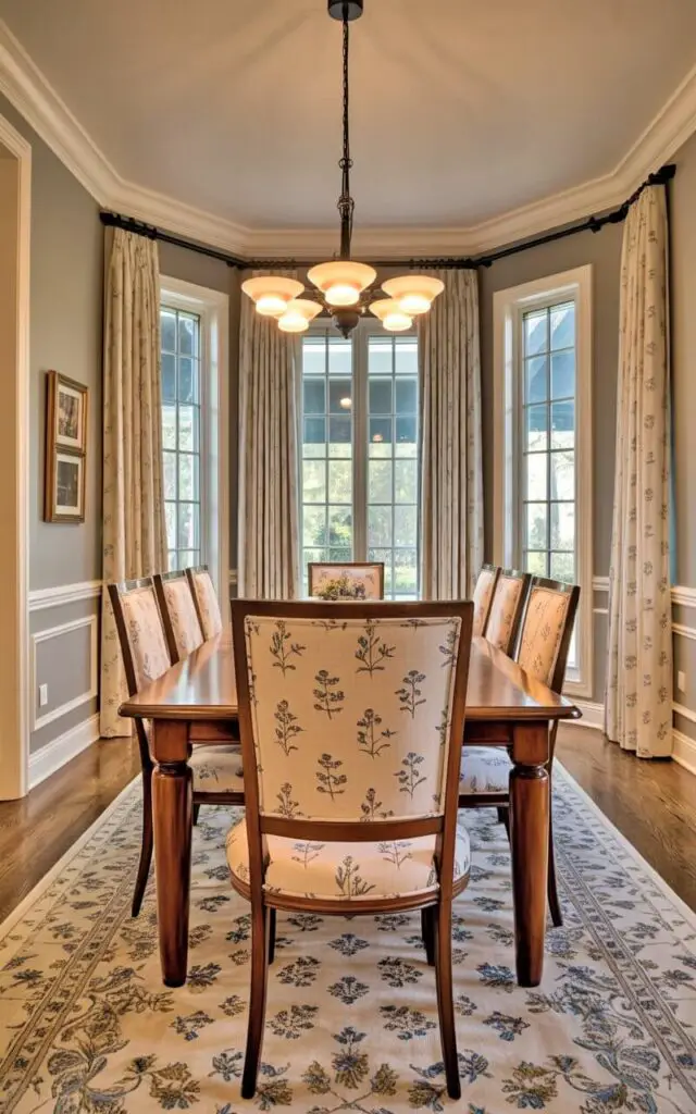 A rectangular wooden dining table with six matching chairs occupies the center of the room. The chair seats are upholstered in a light beige fabric with a repeating pattern of tiny, faded blue wildflowers. Lightweight linen curtains in a pale cream color hang along the windows, also displaying the same small-scale floral pattern, while a simple chandelier with frosted glass shades hangs from the ceiling above the table. The room features pale gray walls with a picture rail molding and a hardwood floor covered with a muted patterned rug.