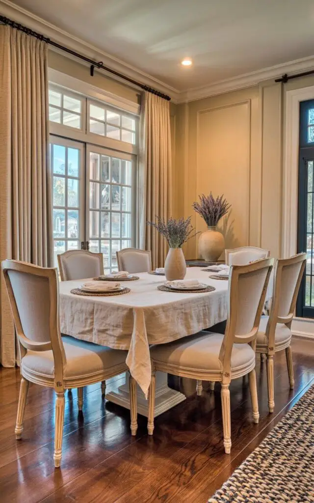 A rectangular wooden dining table sits centered in the room, displaying a light beige linen tablecloth with neatly pressed folds. Six upholstered dining chairs with light gray cotton cushions surround the table, each featuring a gently curved backrest and thin wooden legs. Natural light streams in from a large window, illuminating the polished hardwood floor and revealing subtle textures in the woven linen curtains. A simple, round ceramic vase containing a few sprigs of dried lavender sits on a nearby side table against a pale cream-colored wall.