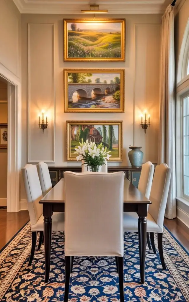 Three framed paintings hang above a rectangular dining table with six upholstered chairs arranged around it. Each painting depicts a different landscape scene: one showcases rolling hills covered in wildflowers, another shows a stone bridge over a rushing stream, and the third presents a view of a small, ivy-covered cottage. The walls are painted a soft cream color and feature subtle crown molding details, while a patterned Persian rug lies centered beneath the table. A tall, arched window with white linen curtains provides natural light, and a ceramic vase holding a bouquet of white lilies sits on a sideboard against the wall.