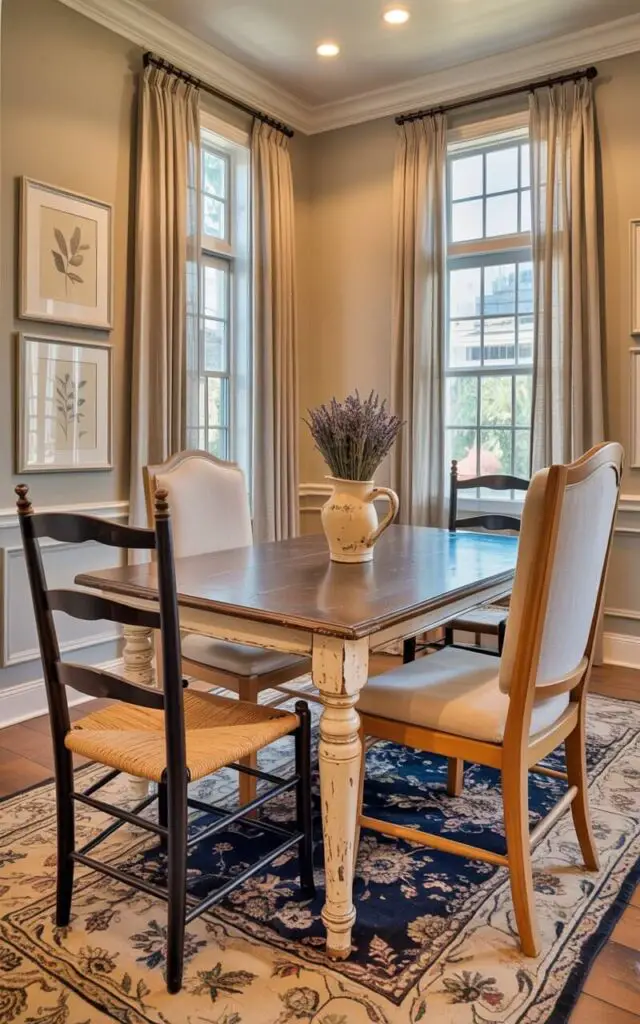 A rectangular wooden dining table sits centered in a room, featuring a distressed finish and four sturdy, tapered legs. Around the table are a mix of chairs: one with a woven rush seat and ladder-back design, another with a lightly upholstered back in a cream linen fabric, and two with simple wooden frames and woven seats. Soft light streams through sheer linen curtains draped over tall windows, illuminating the pale gray walls adorned with simple, framed botanical prints. A vintage ceramic pitcher filled with dried lavender sprigs sits on the table’s surface, and a worn Persian rug with faded floral patterns lies beneath the table.