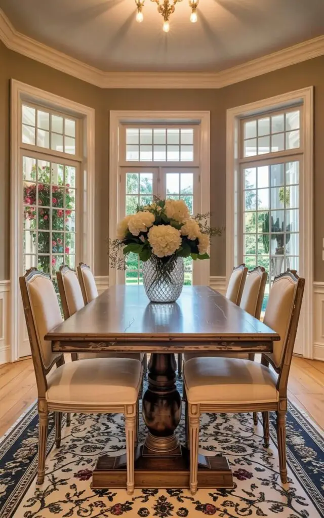 A rectangular wooden dining table with a distressed finish sits centered in the room, surrounded by six upholstered chairs with linen cushions in a cream color. A large crystal vase filled with white hydrangeas and greenery rests on the table’s surface, reflecting the light. The room features large uncovered windows with white painted trim, revealing a lush green garden with climbing roses visible outside. Sunlight streams through the windows, illuminating the pale hardwood floors and highlighting the natural textures of the wood and fabric throughout the space.