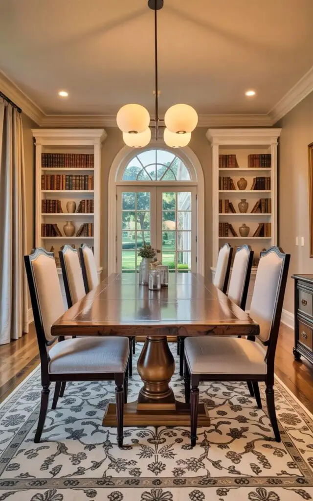 A large, rectangular dining table crafted from reclaimed wood sits at the center of the room, surrounded by six upholstered chairs with light gray linen fabric and dark wood frames. A simple, modern chandelier with three frosted glass globes hangs directly above the table, casting a warm glow on the polished wooden surface. Against one wall, a built-in bookshelf displays a collection of antique books and ceramic vases, while a large, arched window provides a view of a lush garden beyond. A patterned rug with a subtle floral design covers the hardwood floor, anchoring the furniture arrangement and adding a touch of understated elegance to the space.