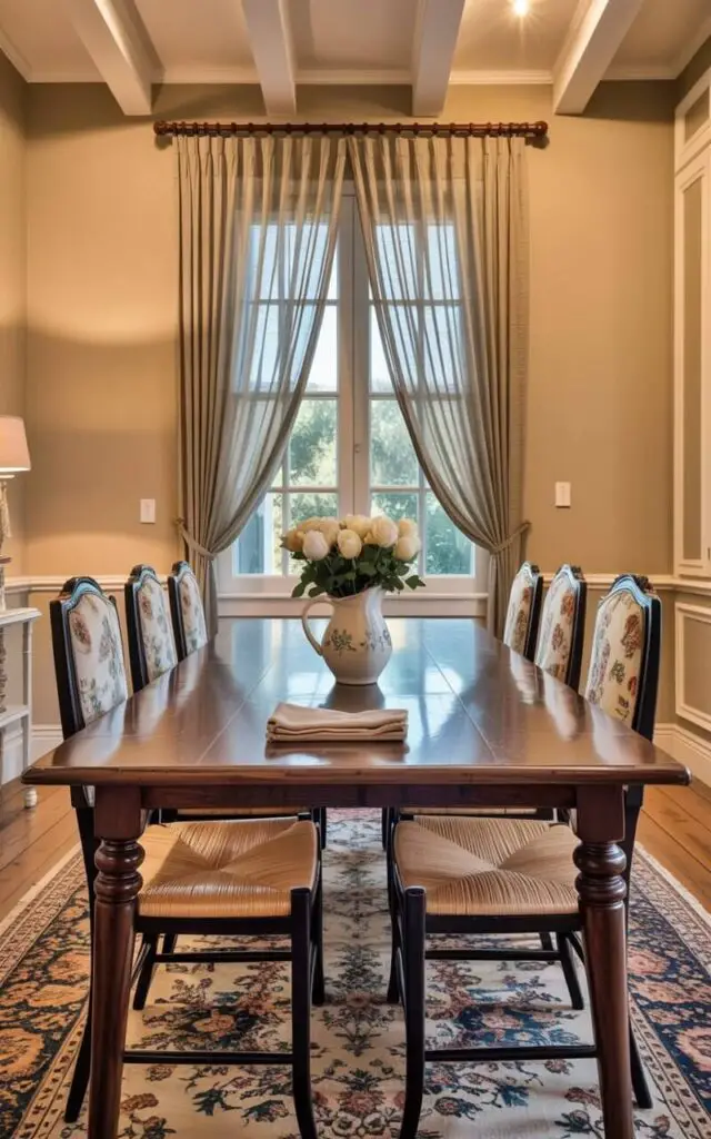 A large, rectangular wooden dining table stands in the center of the room with six mismatched chairs arranged around it—three with rush seats and three upholstered in a faded floral fabric. A chipped ceramic pitcher filled with white roses sits on the table’s center, beside a stack of linen napkins folded neatly. Sunlight streams through a sheer linen curtain partially covering a window, illuminating dust motes dancing in the air and highlighting the wear patterns on the table’s surface. The room features pale yellow plaster walls with exposed wooden beams overhead and a worn Persian rug covering the wooden floor.