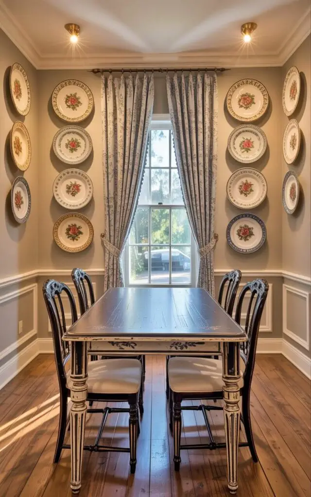 A collection of antique-style ceramic plates with floral patterns and gilded edges are displayed on the walls in an intentionally uneven arrangement. The plates vary in size, ranging from 6 to 10 inches in diameter, and are secured to the walls with small, discreet hooks. Below the plate display, a rectangular wooden dining table with a distressed finish and four matching chairs are centered in the room. Sunlight streams through a nearby window, illuminating dust motes dancing in the air and casting subtle shadows across the wooden floorboards.