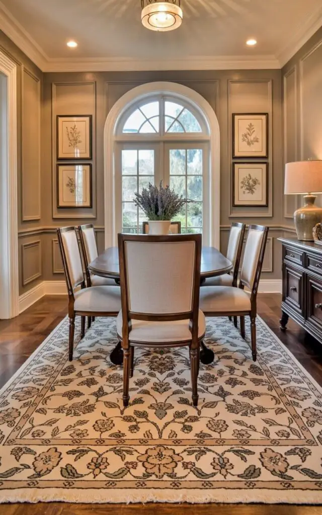 A rectangular area rug with a faded floral pattern in muted beige, cream, and gray tones lies centered within a dining room. The rug’s edges are slightly frayed, and its low pile provides a soft surface beneath a dark wood dining table surrounded by six upholstered chairs with linen cushions. A tall, arched window with white trim allows natural light to flood the room, highlighting the wood-paneled walls adorned with framed botanical prints. A simple crystal chandelier hangs from the ceiling above the table, while a ceramic vase filled with fresh lavender sprigs sits on a nearby side table.