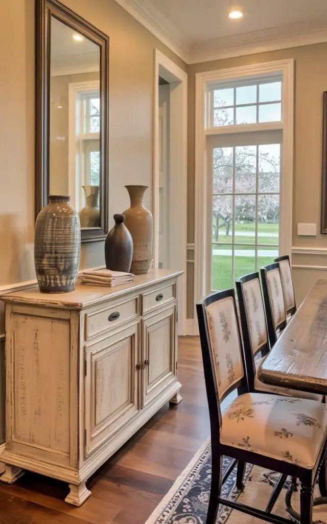 A weathered wooden sideboard with two drawers and two cabinet doors stands against a pale cream-colored wall. Three hand-thrown ceramic vases in varying sizes—one cylindrical, one rounded, and one with a narrow neck—are arranged on the sideboard's top surface, alongside a small stack of folded linen napkins. A rectangular dining table made of reclaimed wood sits in the room's center, surrounded by six mismatched chairs upholstered in light-colored fabrics with subtle floral patterns. Natural light streams through a large window, illuminating the hardwood floor and revealing a glimpse of a green lawn and blossoming apple trees beyond.