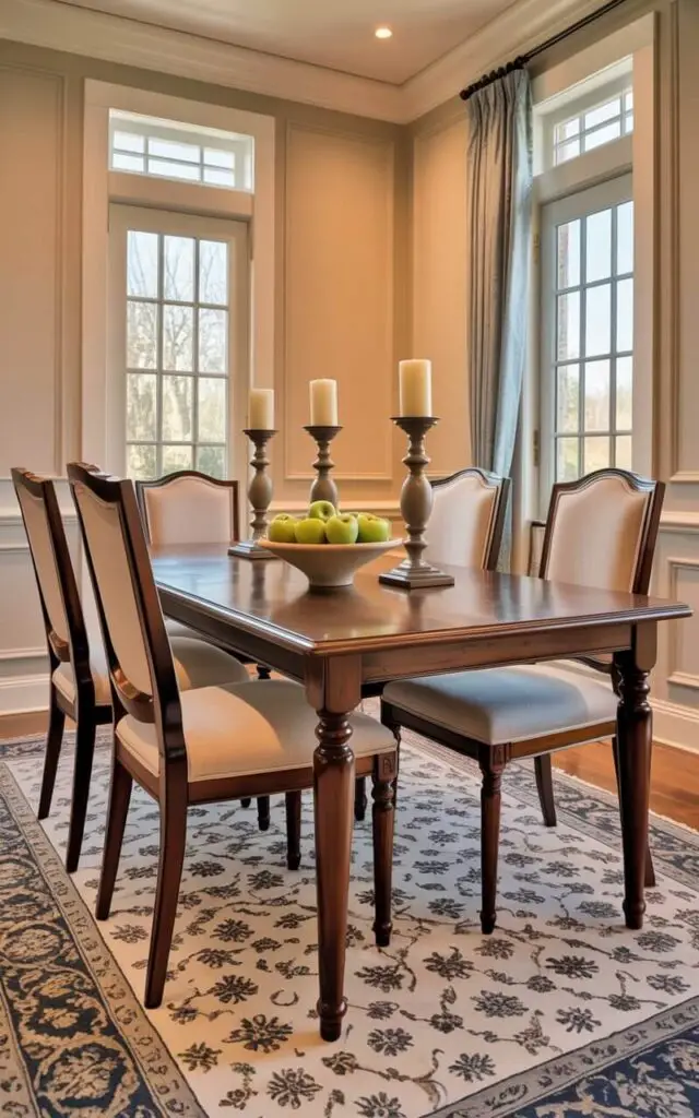 A rectangular wooden dining table with four matching chairs sits centered in the room, each chair upholstered in a light beige linen fabric. A simple ceramic bowl filled with green apples and a few ivory-colored candlesticks with dark brown bases are arranged on the table’s surface. Sunlight streams through a nearby window, illuminating the polished wood grain and casting soft shadows on the floor. The room has pale cream-colored walls with wainscoting and a large patterned rug with muted blue and gray tones covering the wooden floor.