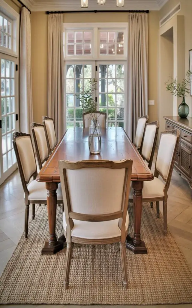 A rectangular wooden dining table with six matching chairs sits at the center of the room, each chair upholstered with a cream-colored linen fabric. The table’s surface is bare, displaying the natural grain of the wood with subtle variations in tone. Sunlight streams through large windows, illuminating the cream-colored walls and the light-toned hardwood flooring. A simple woven rug lies beneath the table, and a vase with a few sprigs of greenery sits on a nearby sideboard against one wall.