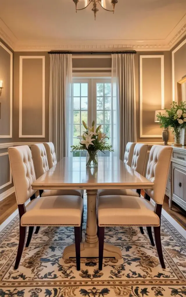 A rectangular dining table with a natural wood finish and six upholstered chairs arranged around it anchors the composition. The chairs are covered in a cream-colored linen fabric with subtle button tufting along the backs, and each chair has slender, dark wood legs. Wainscoting extends halfway up the walls, painted in a soft gray hue, complemented by delicate molding details near the ceiling. A large window with sheer white curtains allows soft daylight to filter into the room, illuminating a simple floral arrangement of white lilies and greenery placed on a sideboard against the far wall.