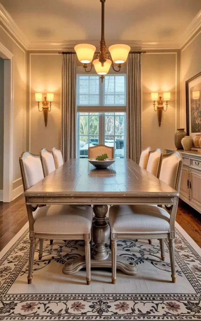 A large rectangular dining table with a distressed wood grain finish sits in the center of the room, surrounded by six upholstered chairs with linen fabric and subtly curved backs. Antique brass sconces with frosted glass shades are mounted on the walls, casting a warm glow, and the chair legs are accented with small brass caps. A patterned rug with a muted floral design covers a portion of the hardwood floor beneath the table, while a large window with sheer curtains allows diffused sunlight to filter into the space. The walls are painted a soft cream color, and a simple wooden sideboard with brass hardware stands against one wall, displaying a collection of ceramic vases and framed artwork.