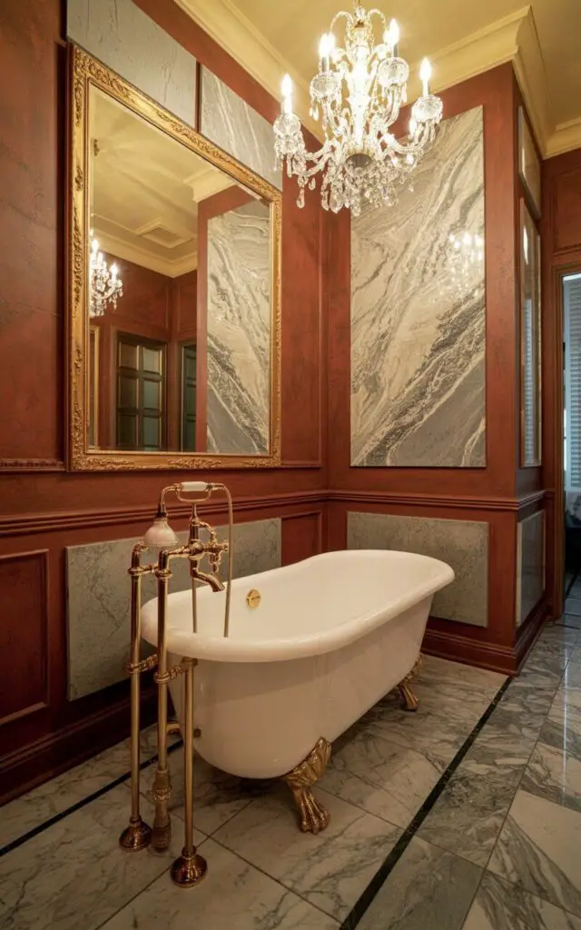 A freestanding bathtub with clawed feet sits centered within a spacious bathroom. The bathtub’s exterior is porcelain white with gold-plated fixtures, including a faucet with a long, curved spout and ornate handles. Large rectangular marble slabs with prominent grey and white veining cover the walls and floor, reflecting light from a crystal chandelier suspended from the ceiling above. A single, oversized mirror with a gold frame hangs on one wall, amplifying the expansive sense of space and reflecting the chandelier’s light.