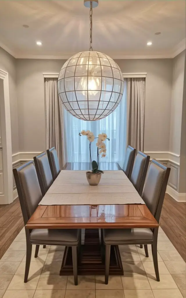 A spherical glass dining room light fixture hangs suspended above a rectangular dining table with a polished walnut surface and tapered, dark gray upholstered chairs positioned around its perimeter. The glass panels of the light are subtly etched with a geometric pattern of intersecting lines allowing diffused light to pass through. The dining table is set with a simple linen tablecloth in a light beige color and a single, low vase containing three white orchids. The room features light gray walls with recessed lighting and wide-planked hardwood floors, and a large window with sheer white curtains allows soft natural light to fill the space.