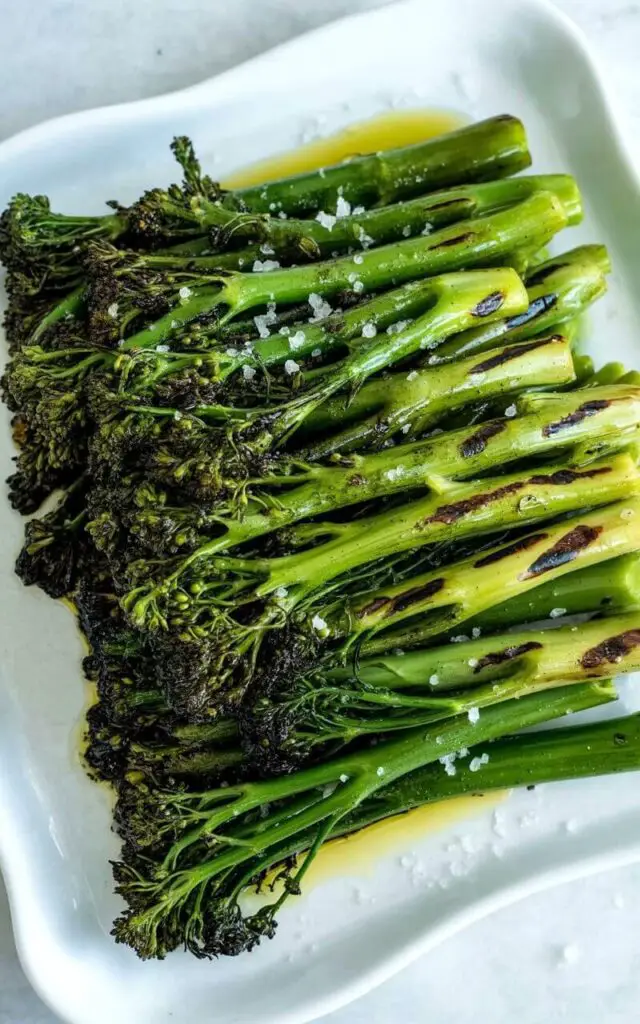 A stack of grilled broccolini spears sits centered on a white rectangular plate with slightly upturned edges. Each spear displays visible char marks along its surface and lightly crisped tips with distinct grill patterns etched into the stems. A thin drizzle of clear olive oil coats the broccolini, and a scattering of coarse sea salt grains are sprinkled across the top. The plate rests on a bright, clean white kitchen countertop illuminated by diffused natural light, with a plain white backsplash visible in the background.