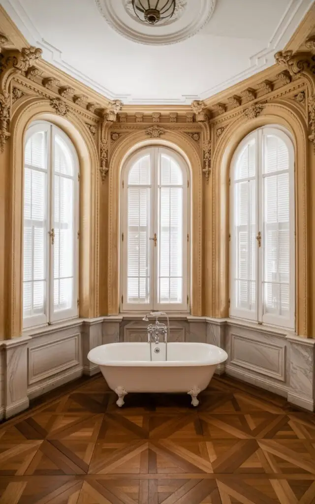 A luxurious Haussmannian-style bathroom featuring classic 19th-century Parisian architecture with high ceilings and ornate moldings. The space showcases a freestanding clawfoot bathtub in pristine white porcelain, positioned beneath tall windows with elegant white shutters that filter soft natural light. Rich parquet flooring in warm honey tones extends throughout the room, complemented by marble wainscoting and decorative ceiling medallions with intricate plasterwork. Vintage brass fixtures, including an ornate chandelier and period-appropriate faucets, complete the sophisticated atmosphere of this timeless French interior.