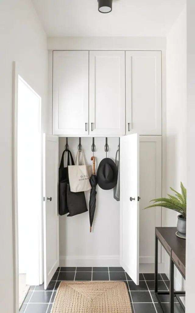 A set of white cabinet doors stands slightly ajar, revealing a discreetly installed row of metal hooks inside. Several canvas tote bags, black umbrellas, and felt hats hang neatly from the hooks, concealed from view when the doors are closed. The cabinetry features clean, seamless lines with brushed nickel hardware and a matte finish. A woven jute rug lies on the tiled entryway floor, illuminated by overhead recessed lighting and a small potted fern placed on a nearby console table.