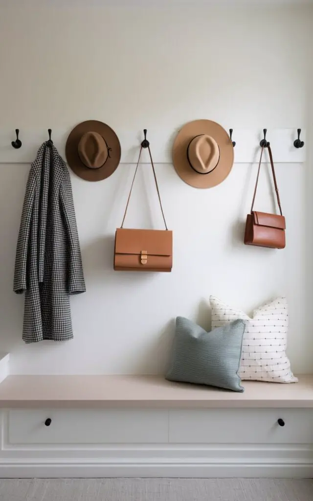 A photo of a minimalist entryway with a smooth white wall fitted with evenly spaced matte black hooks. Coats, hats, and structured bags hang neatly, demonstrating efficient entryway storage that feels intentional rather than crowded. A narrow bench below balances function and style. The palette is restrained—soft whites, light wood, and muted fabrics—creating a minimalist look. Every item has breathing room, reinforcing order and ease while maintaining a polished, welcoming entry experience.