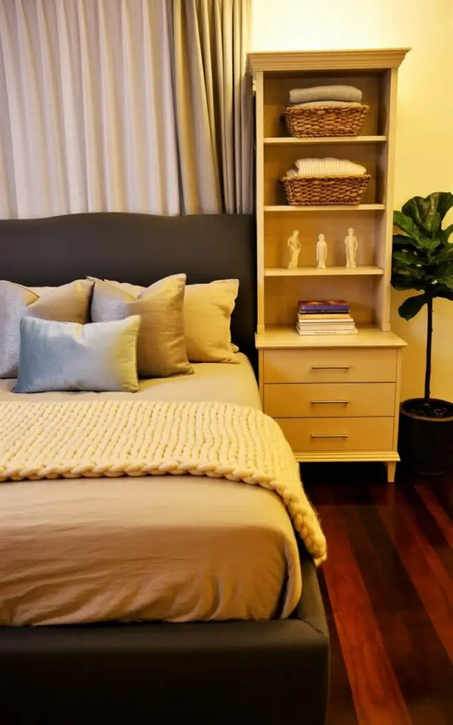 A king-sized bed with a dark grey upholstered headboard sits centered in a well-lit bedroom, facing a light wood hutch and dresser combination. The bed is layered with ivory linen sheets, a chunky knit cream-colored blanket, and several plush pillows in shades of grey, beige, and soft blue. The hutch displays woven baskets containing folded sweaters, a stack of hardcover books, and three small ceramic figurines while the dresser below features a sleek, minimalist design with brushed silver hardware. Sheer white curtains hang over a large window, allowing soft natural light to illuminate the hardwood floor and a potted fiddle-leaf fig tree positioned in the corner of the room.