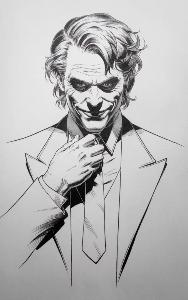 A pencil drawing of the Joker adjusting his tie on a plain white background. The Joker has a refined, plain white background pencil drawing illustration of the Joker adjusting his tie with one hand. His fingers pinch the fabric gently, indicated by simple curved lines and minimal shading. The tie hangs neatly down the center of his chest. His face shows a confident smirk, eyebrows slightly raised. Hair is neatly sketched but still slightly unruly. The suit collar frames the neck with clean outlines. The drawing is drawn in a simplistic style, emphasizing elegance, posture, and subtle character expression.