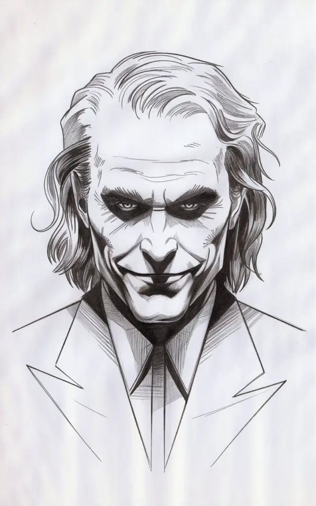 A pencil drawing illustration of the Joker with a plain white background. The Joker is facing forward with his intense gaze meeting the viewer directly. His face is symmetrical, with a controlled smile on his lips. The hair is sketched evenly on both sides with a light texture. Gentle shading defines the nose and jawline. The suit collar frames the face simply. The entire illustration is drawn in a simplistic style, emphasizing balance, presence, and direct emotional impact.