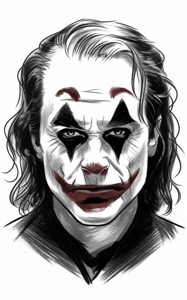 A pencil drawing illustration of the Joker with a plain white background. The Joker's face paint is the focal point, with darkened eye areas and boldly outlined lips. The makeup has uneven edges, adding texture and realism. The eyes stare forward intensely, framed by rough pencil strokes. The hair and clothing are lightly indicated, keeping the focus on the face. The drawing is in a simplistic style, highlighting contrast and facial detail.