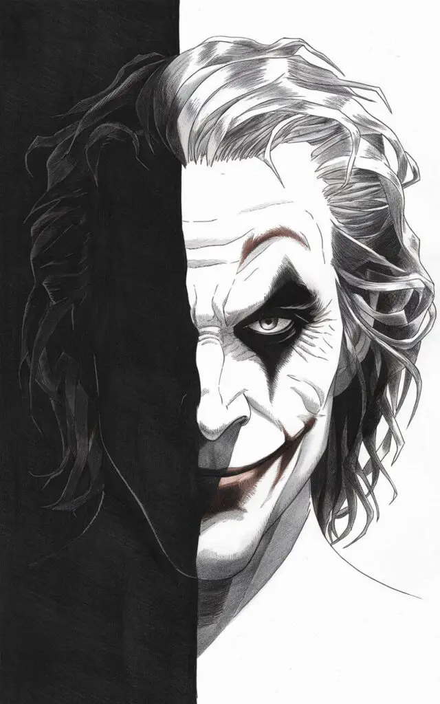 A plain white background pencil drawing illustration of the Joker's face divided by shadow. Only one side of the Joker's face is fully visible. The visible side of the face has a sharply defined eye staring forward with intensity and a restrained, eerie smile. The hair on the visible side is textured with short, uneven strokes. The shadowed side of the face blends smoothly into darkness. The contrast between the lit and shadowed sides is created using gentle gradients rather than heavy lines. The entire illustration is drawn in a simplistic style, emphasizing mood and facial contrast.