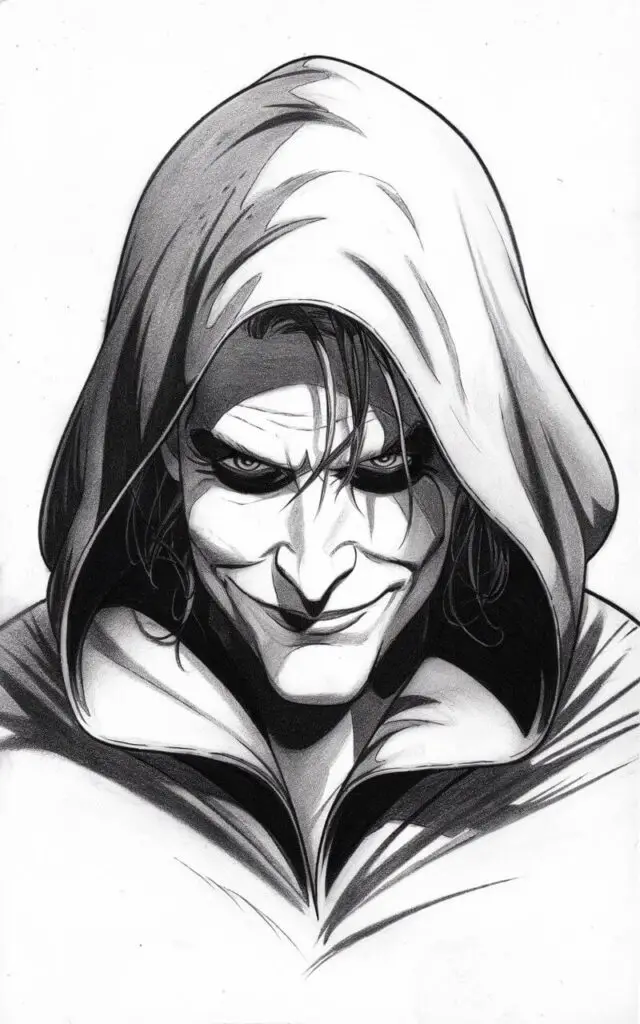 A pencil drawing illustration of the Joker with a plain white background. The Joker is wearing a deep hood that frames his face closely. The hood is shaded softly, with curved lines indicating fabric folds without heavy detail. His eyes peer out from beneath the hood with a calm, calculating stare. A faint smile rests on his lips, adding tension. Hair is mostly hidden, with only small strands visible near the forehead. The illustration is drawn in a simplistic style, focusing on shadow, framing, and expression rather than complexity.