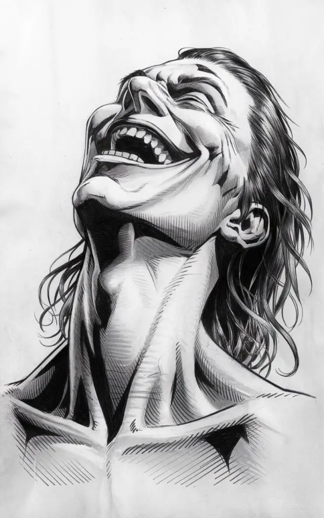 A pencil drawing illustration of the Joker laughing with his head tilted back. The Joker's mouth is wide open, showing his teeth and a dramatic smile. His eyes are partially closed, with creases showing genuine laughter. The neck is elongated, with light shading to show the tilt. The Joker's hair falls backward loosely, following the motion. The shoulders are lightly indicated. The background is plain white.