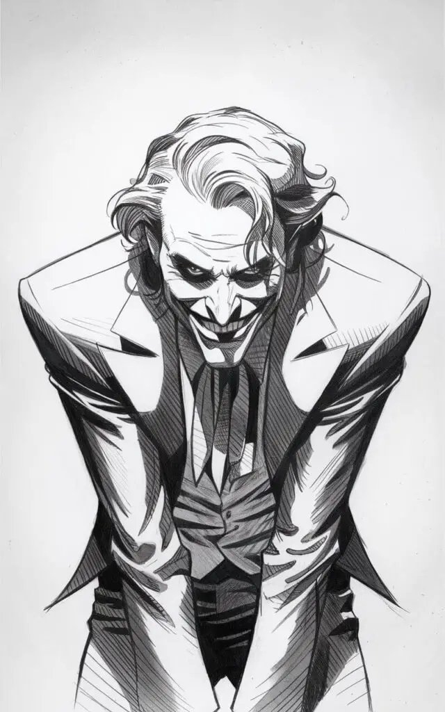 A pencil drawing of the Joker with a plain white background. The Joker is leaning forward with his shoulders angled inward, creating a sense of closeness and tension. His face holds a sly grin, and his eyes are focused directly ahead. There is light shading on the neck and upper torso. The hair is loosely sketched, adding texture without clutter. The suit is indicated with minimal lines. The entire illustration is drawn in a simplistic style, using posture and expression to create presence.
