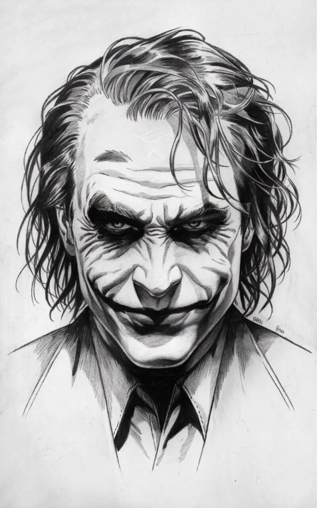 A pencil drawing of the Joker with messy hair. He has a confident smirk and playful eyes. The background is plain white. The drawing is in a simplistic style, with minimal detail.