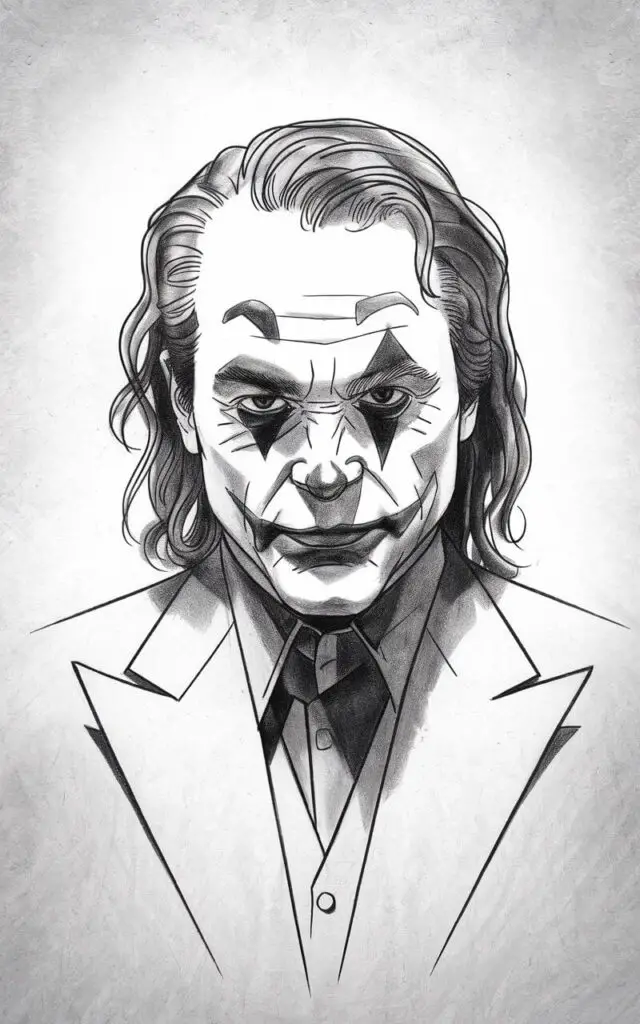A clean, plain white background pencil drawing illustration of the Joker created using very minimal lines. Only essential features are present: eyes, nose, mouth, hair outline, and suit shape. The lines are confident and deliberate, with almost no shading. The expression remains unmistakably mischievous through subtle curves and angles. Negative space plays a major role in defining form. The entire portrait is drawn in a simplistic style, showcasing clarity, restraint, and strong design choices.
