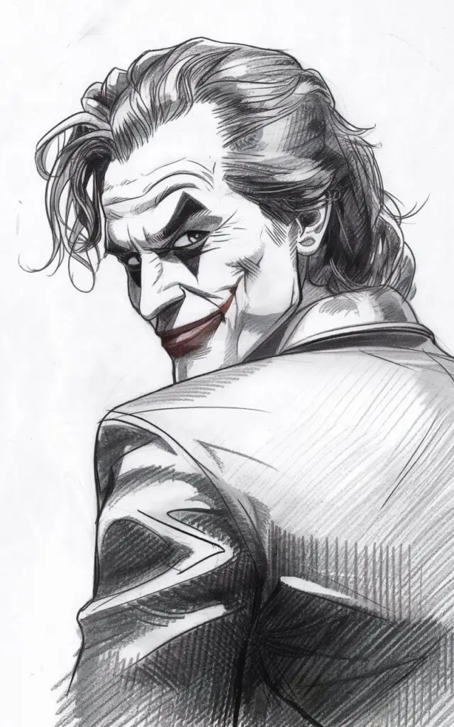 A pencil drawing illustration of the Joker from the upper torso, turning his head slightly to look over his shoulder. The Joker's eyes are narrowed with a sly, knowing expression, and his lips curl into a subtle, crooked smile. His hair is messy and sketched with loose, uneven pencil strokes. The background is plain white.